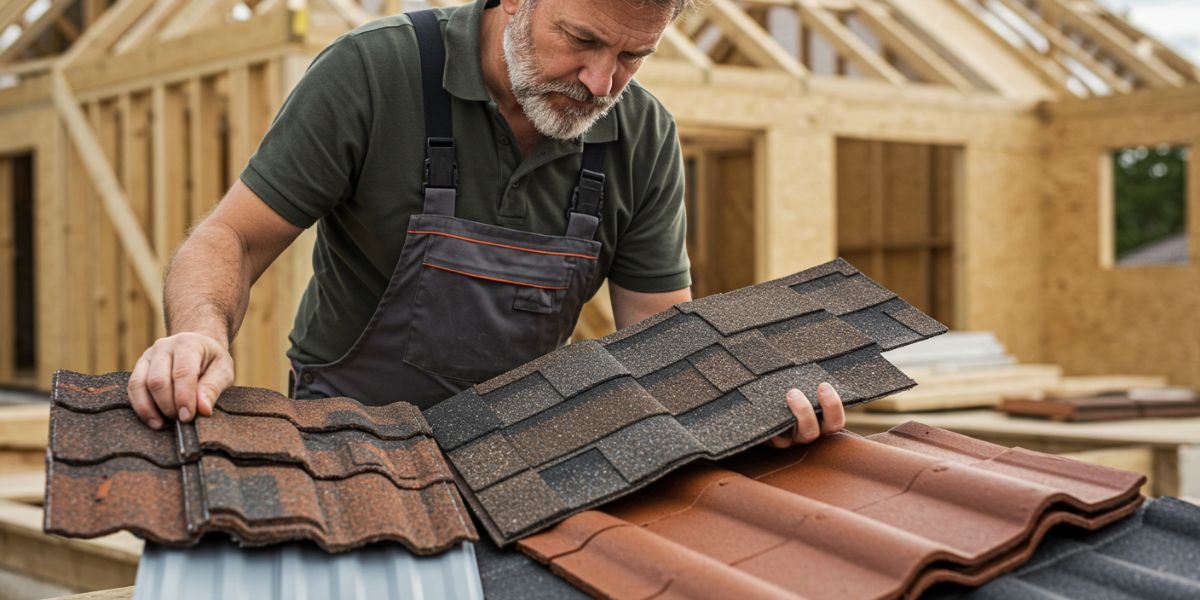 a man choosing a type of roofing material